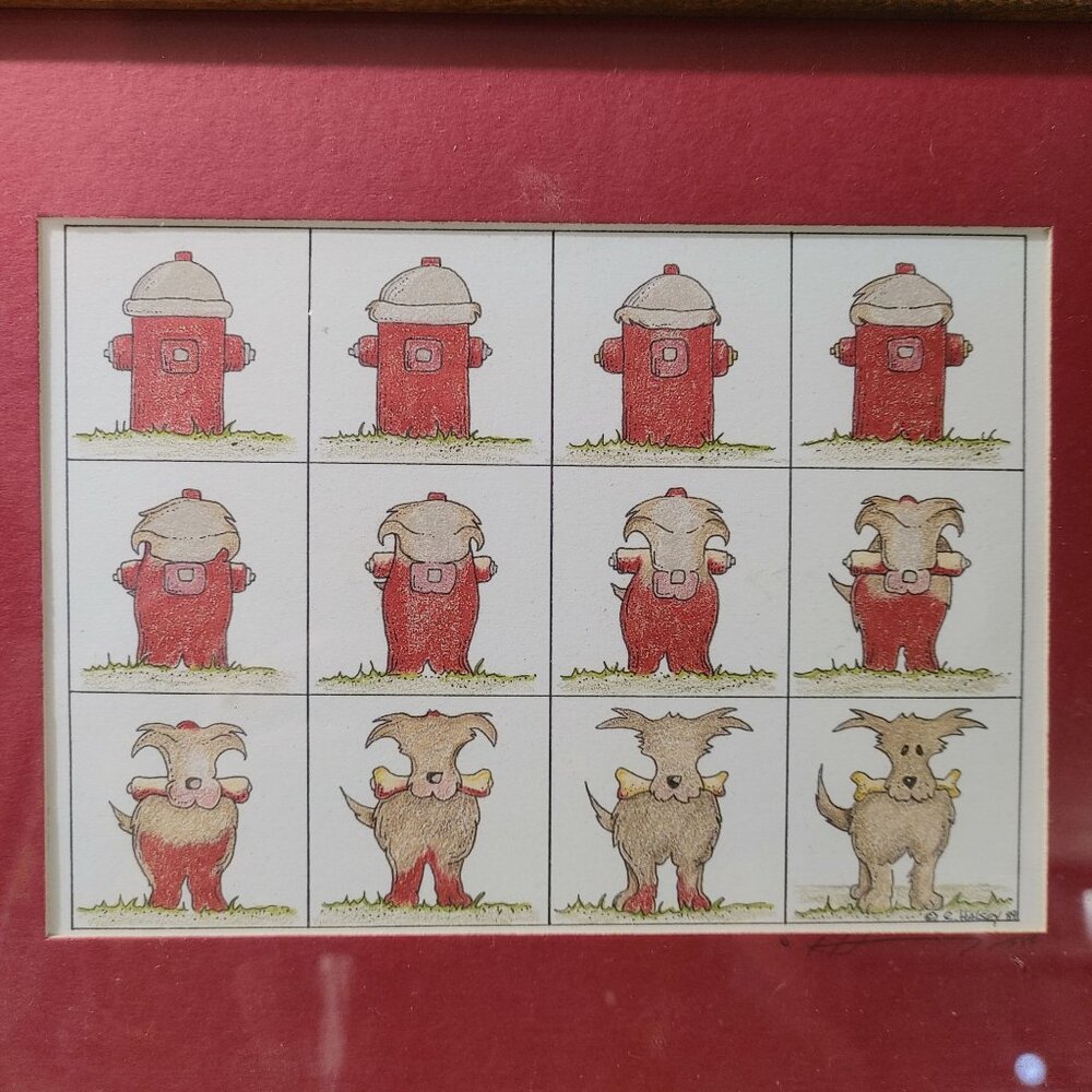 Art Print Dog Transformations Framed Cartoon Fire Hydrant Wooden Frame Whimsical